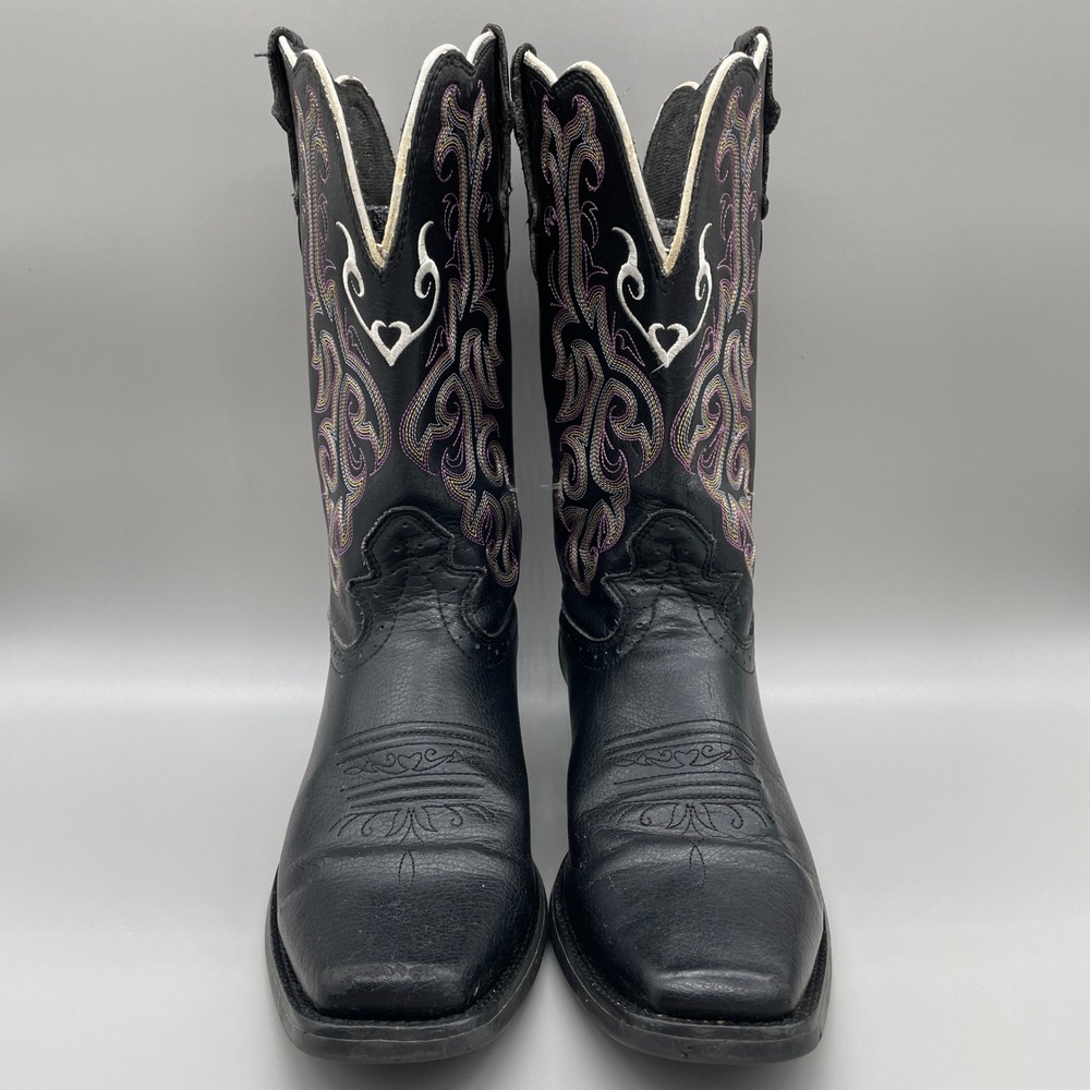 Justin Stampede Western Cowboy Boots Kids 3.5D Black Purple Heart Square Toe - Picture 2 of 9